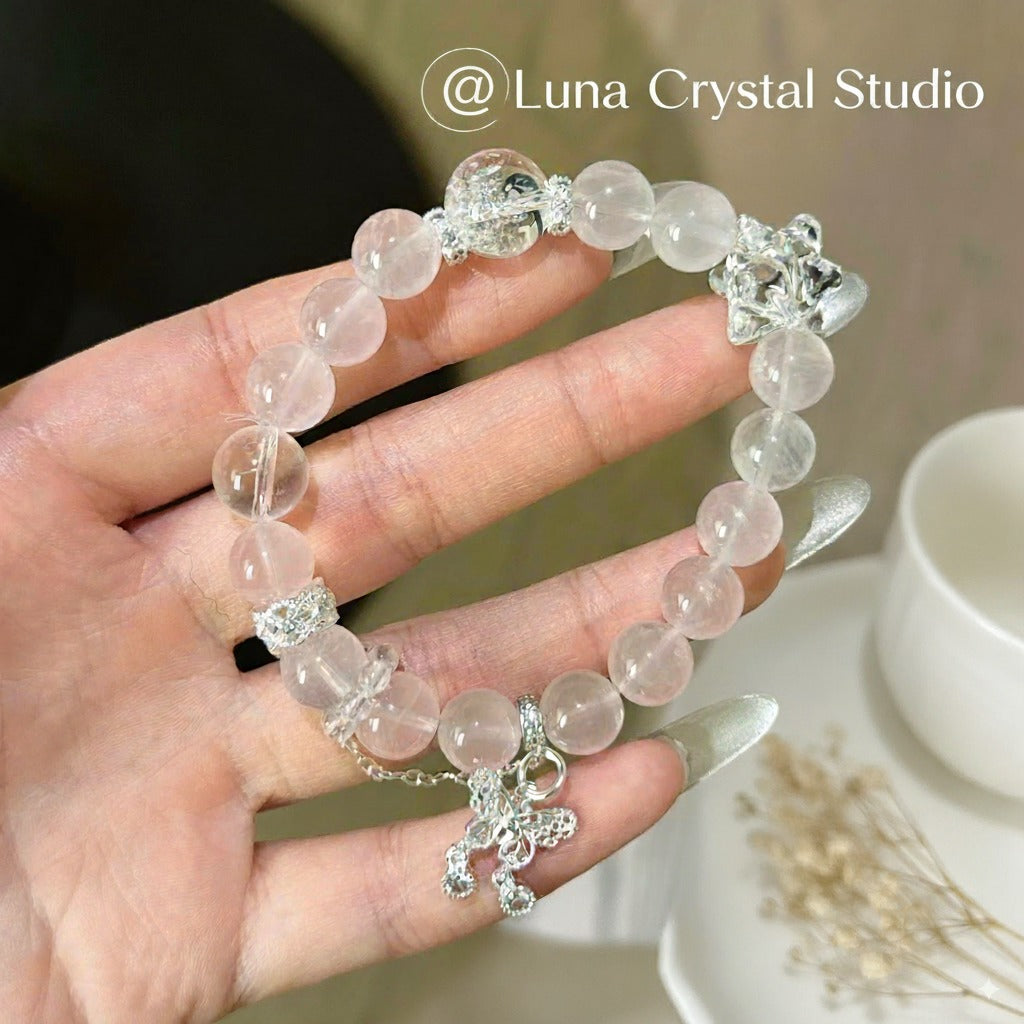 Natural Rose Quartz, Clear Quartz White Agate Bracelet – Attract Love, Clarity & Balance