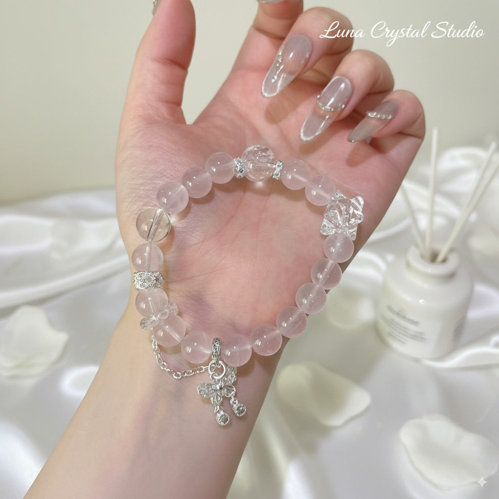 Natural Rose Quartz, Clear Quartz White Agate Bracelet – Attract Love, Clarity & Balance