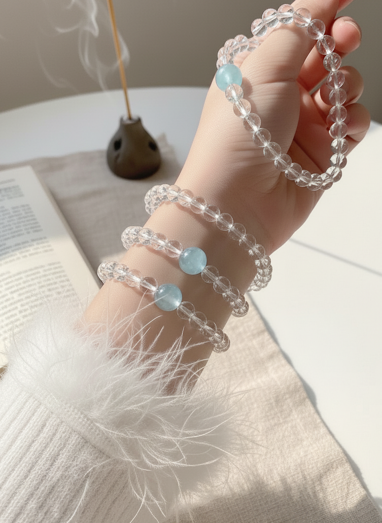 Aquamarine & Clear Quartz Natural Crystal Bracelet – Calmness & Clarity Energy Jewelry