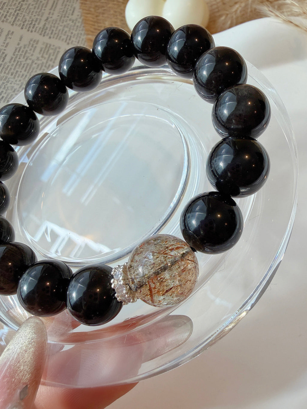 Silver Obsidian & Black Super Seven Natural Crystal Bracelet – Protection, Abundance & Love Energy
