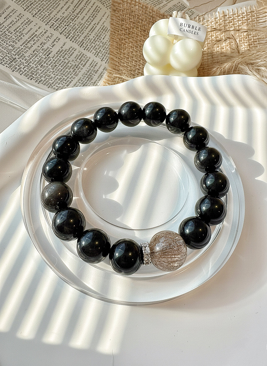 Silver Obsidian & Black Super Seven Natural Crystal Bracelet – Protection, Abundance & Love Energy