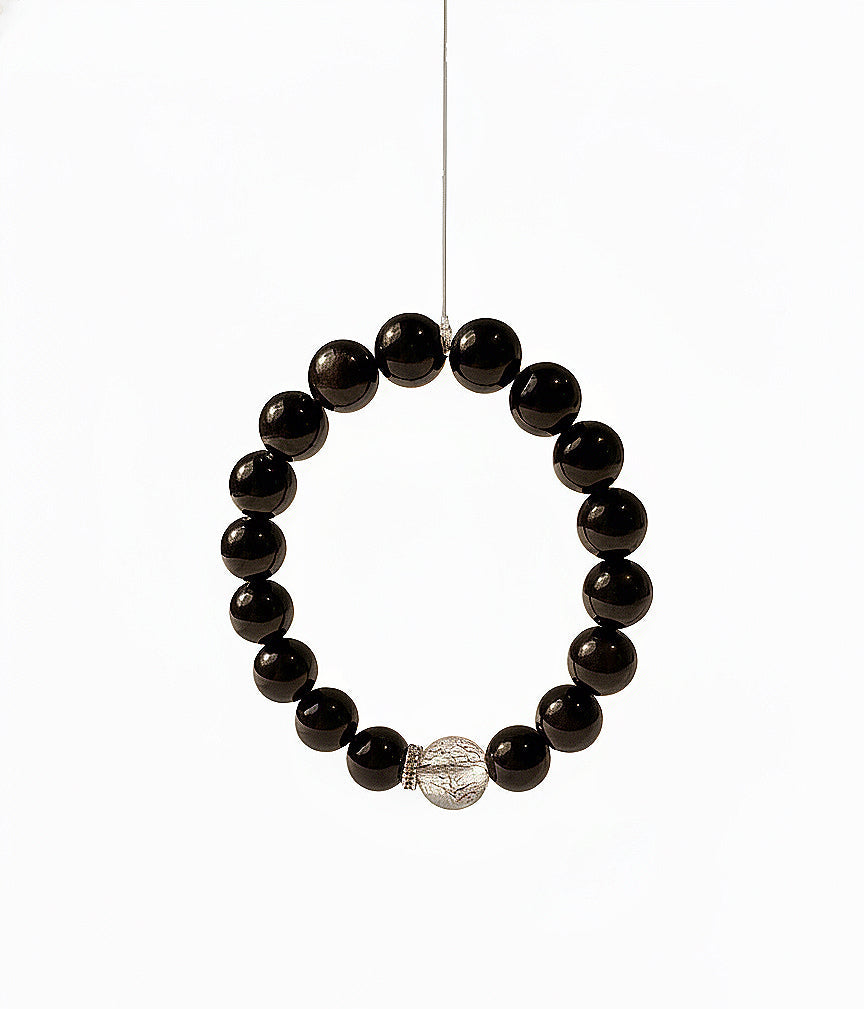 Silver Obsidian & Black Super Seven Natural Crystal Bracelet – Protection, Abundance & Love Energy