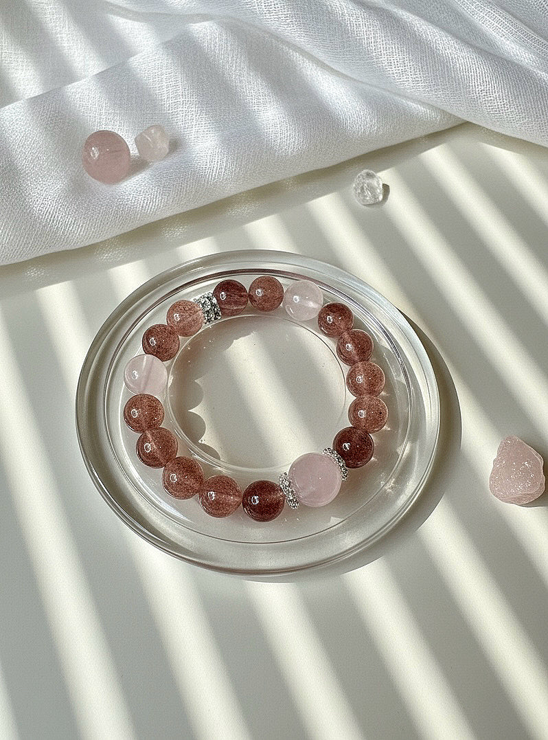 Strawberry Quartz & Rose Quartz Natural Crystal Bracelet – Love, Harmony & Emotional Healing