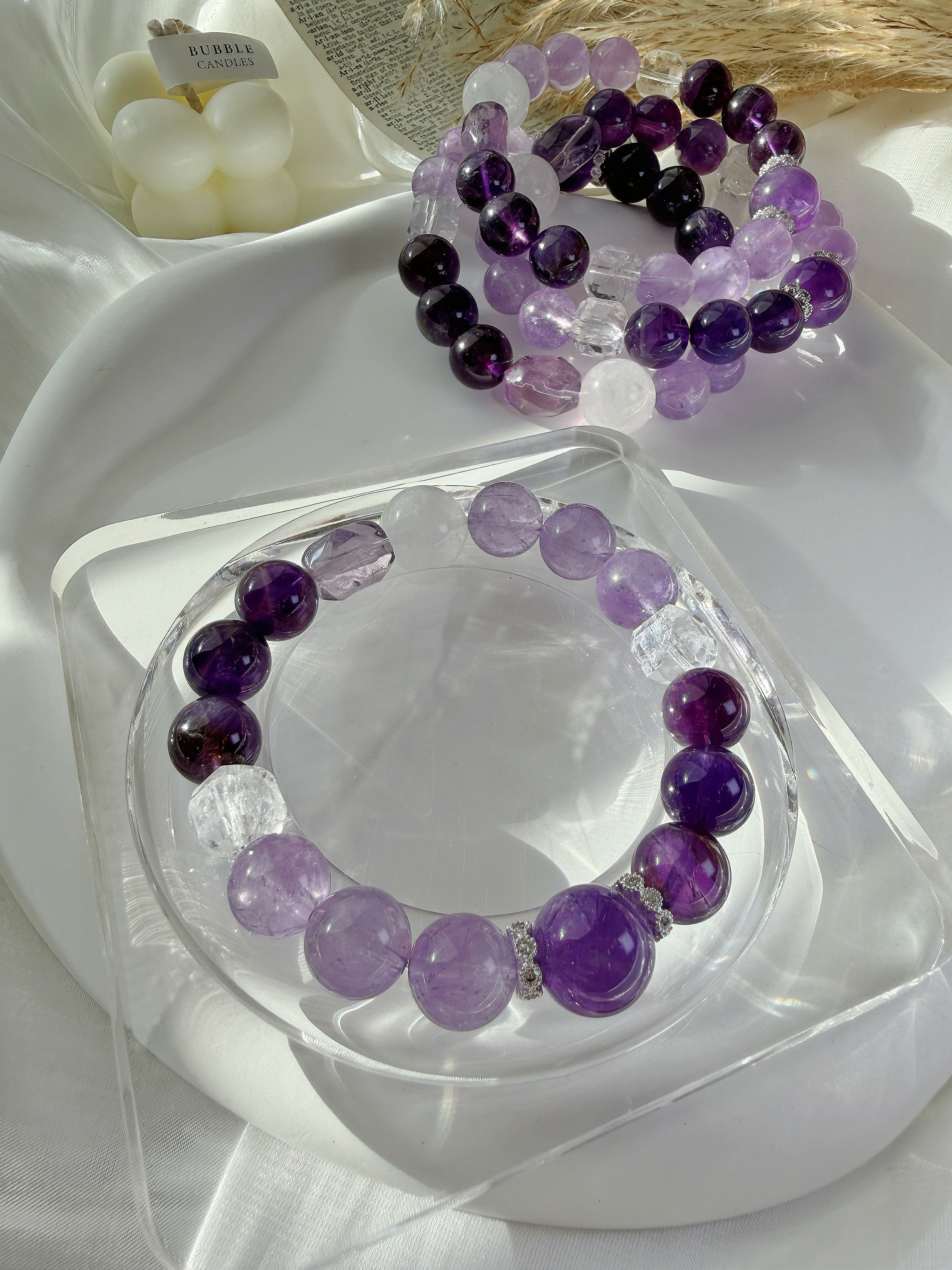 Amethyst & Clear Quartz Bracelet | Deep Purple Healing Energy & Intuition Booster
