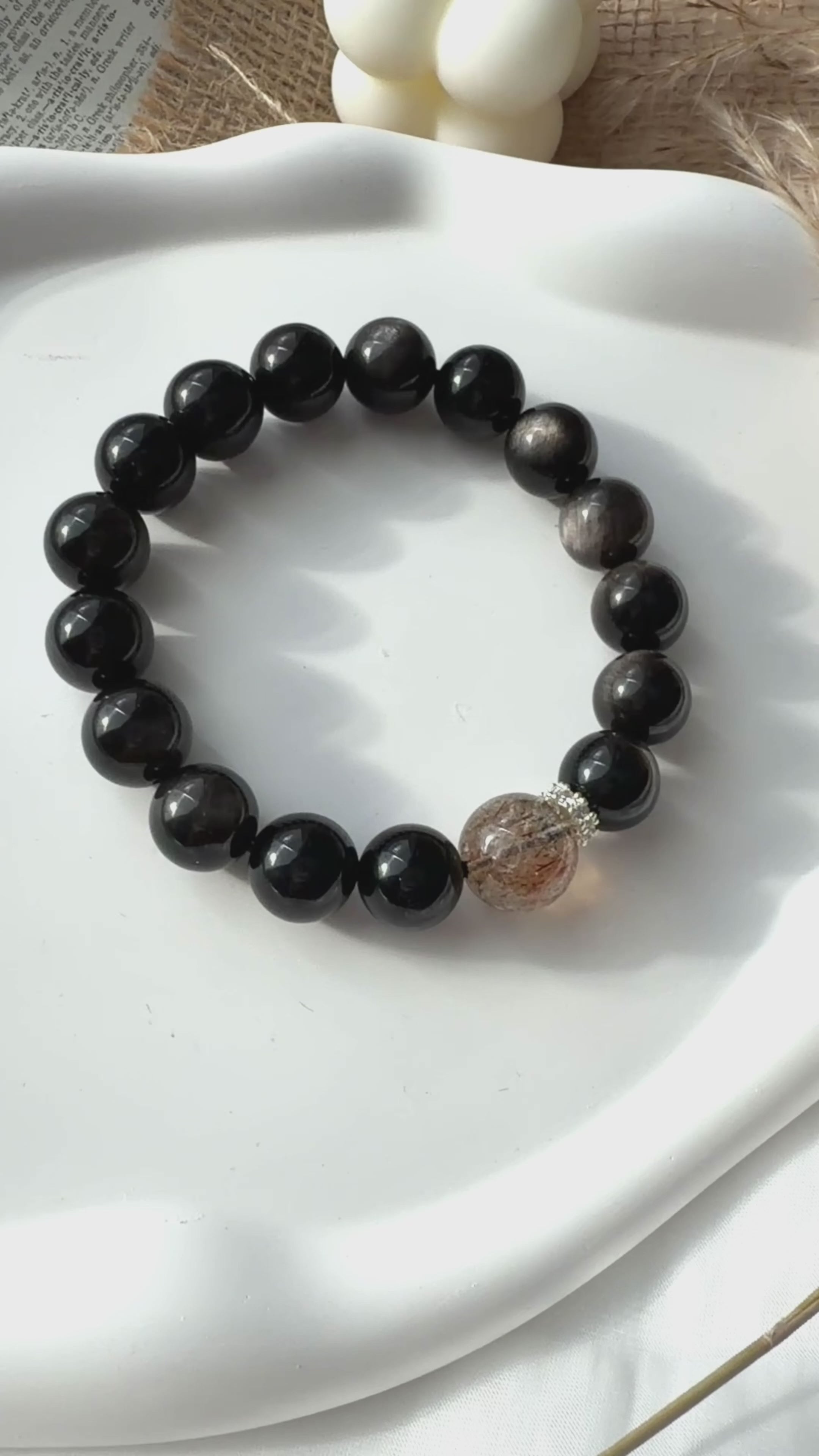 Silver Obsidian & Black Super Seven Natural Crystal Bracelet – Protection, Abundance & Love Energy
